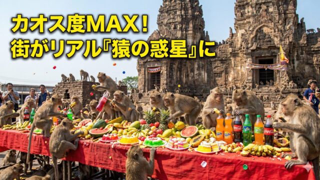 街がリアル「猿の惑星」に!? タイの激ヤバ奇祭・ロッブリー猿のビュッフェ祭りがカオスすぎる 街がリアル「猿の惑星」に!? タイの激ヤバ奇祭・ロッブリー猿のビュッフェ祭りがカオスすぎる