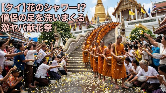 【タイ】僧侶の足を洗いまくれ!6月に舞い散る「花のシャワー」の熱気が凄まじい 【タイ】僧侶の足を洗いまくれ!6月に舞い散る「花のシャワー」の熱気が凄まじい
